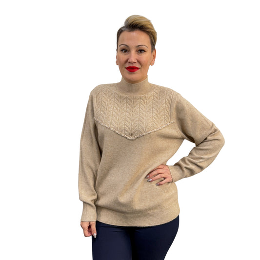 Bluză tricot bej cu perle semi-roll -k2