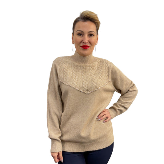 Bluză tricot bej cu perle semi-roll -k2