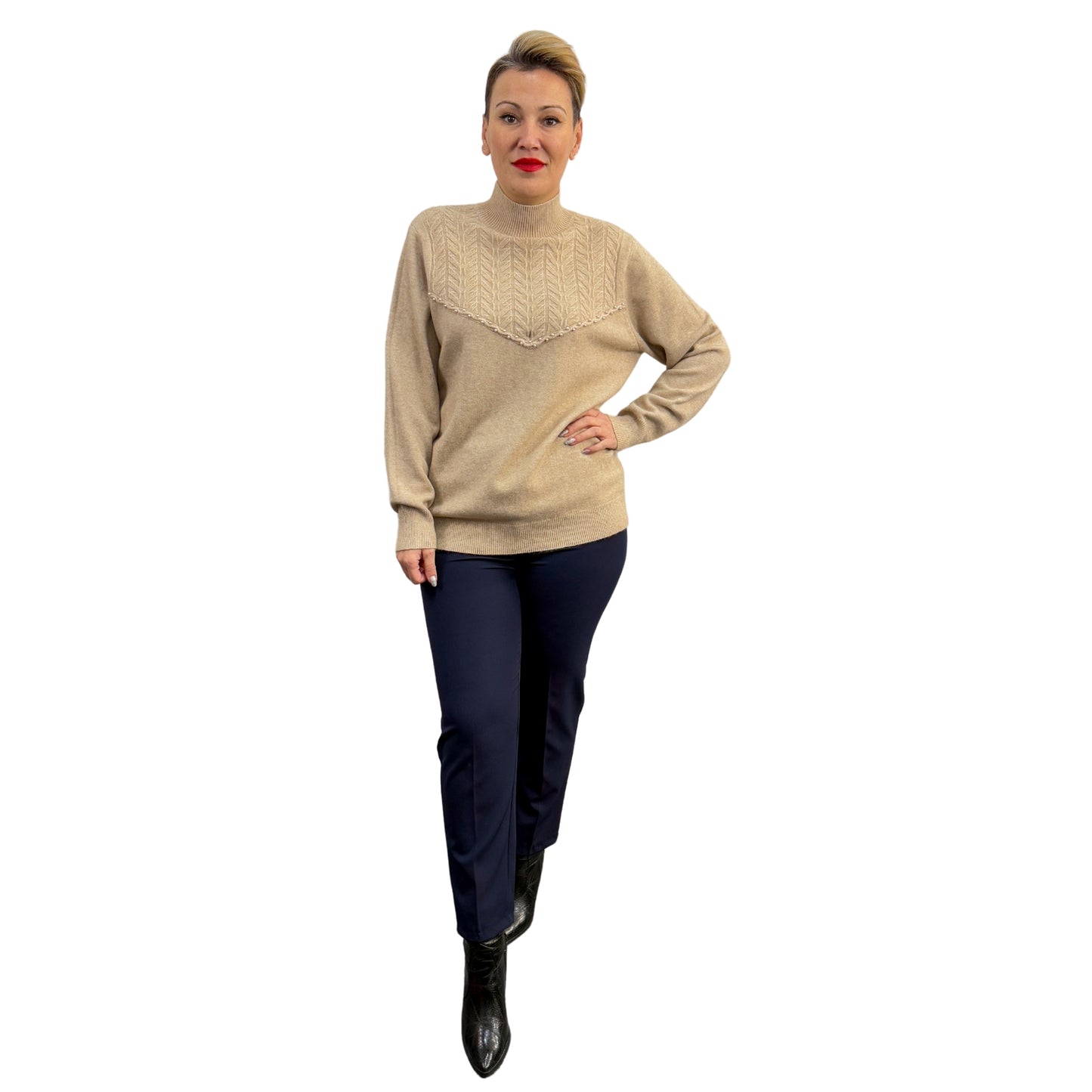 Bluză tricot bej cu perle semi-roll -k2