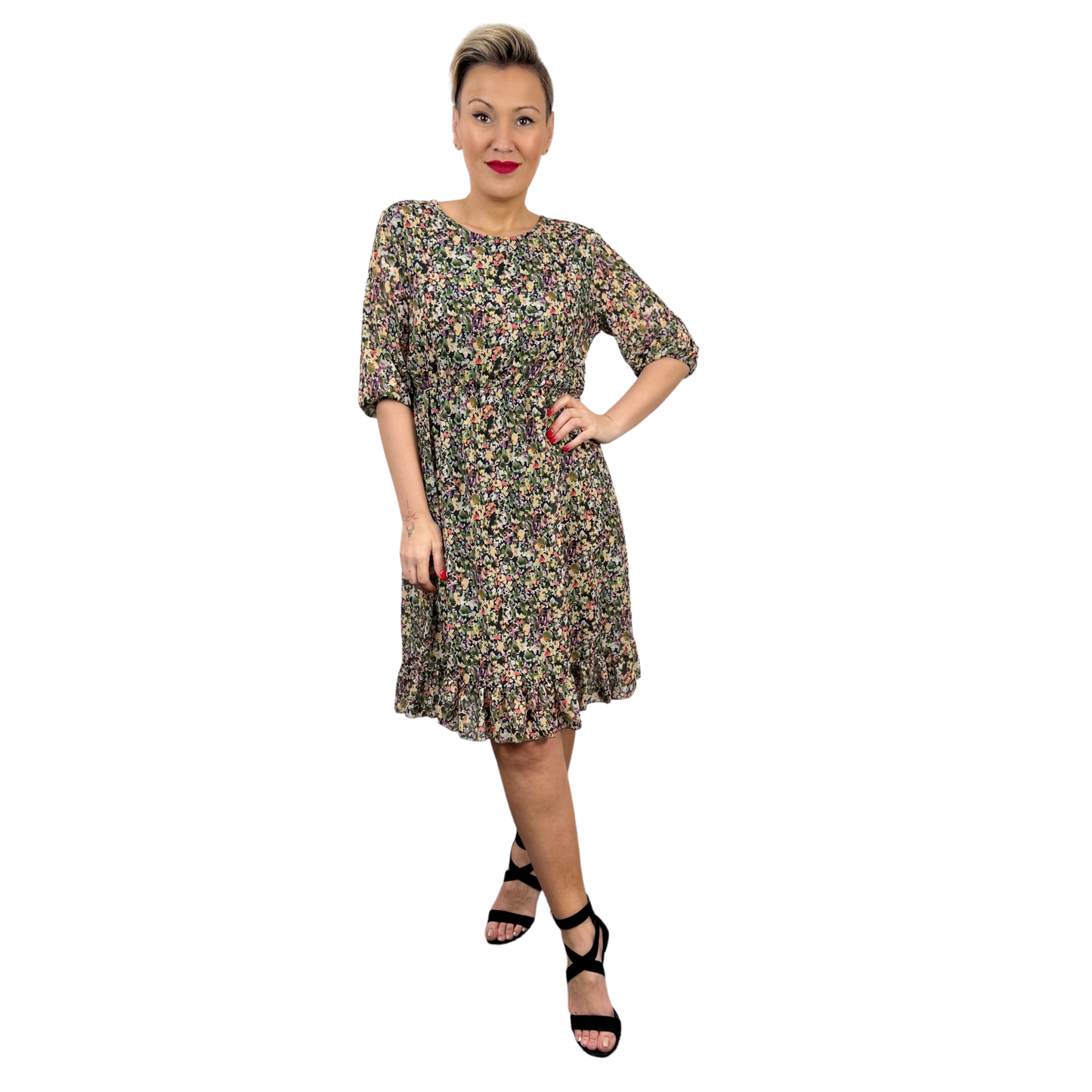 Rochie kaki scurtă cu imprimeu floral -k1