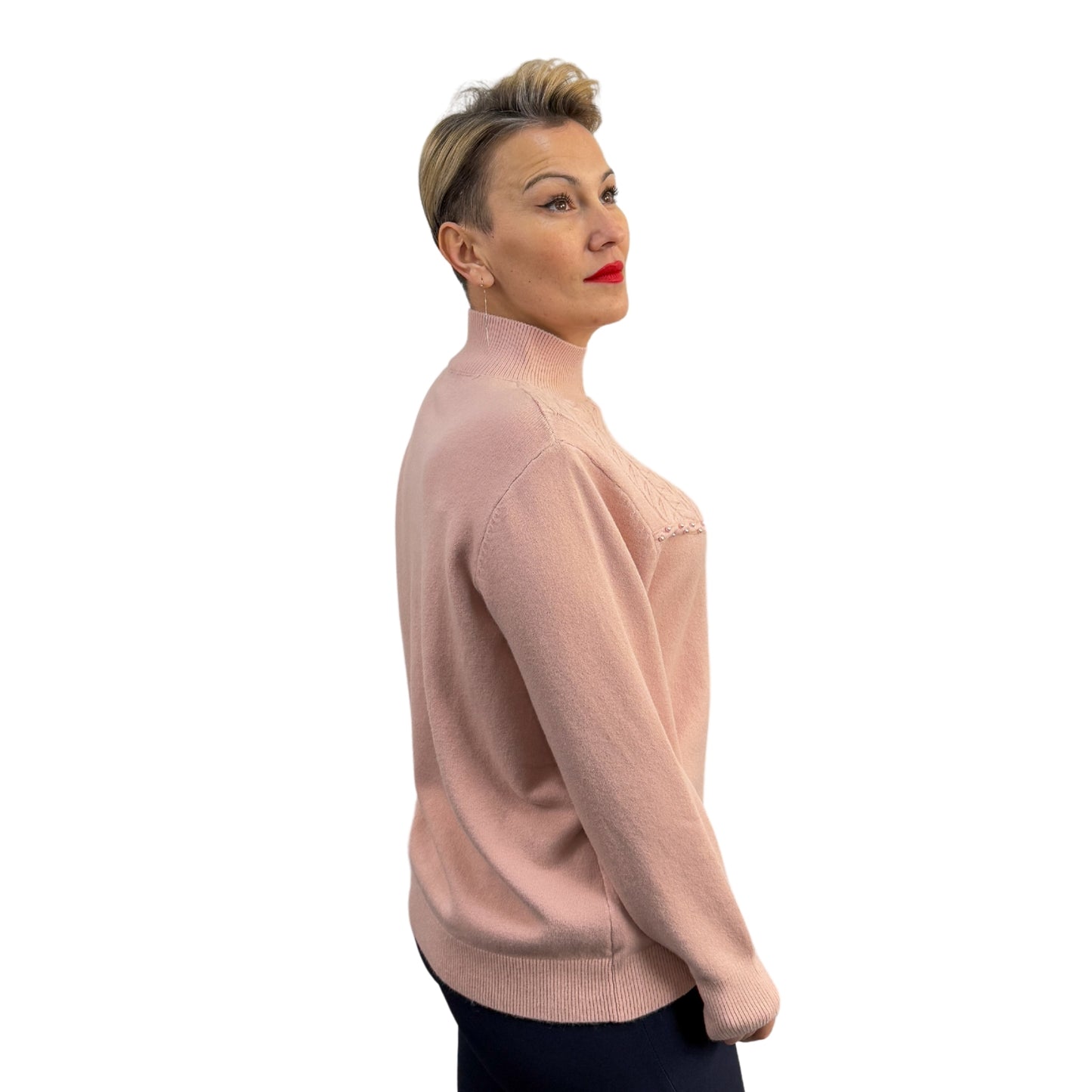 Bluză tricot roz pal cu perle aplicate semi-roll -k2