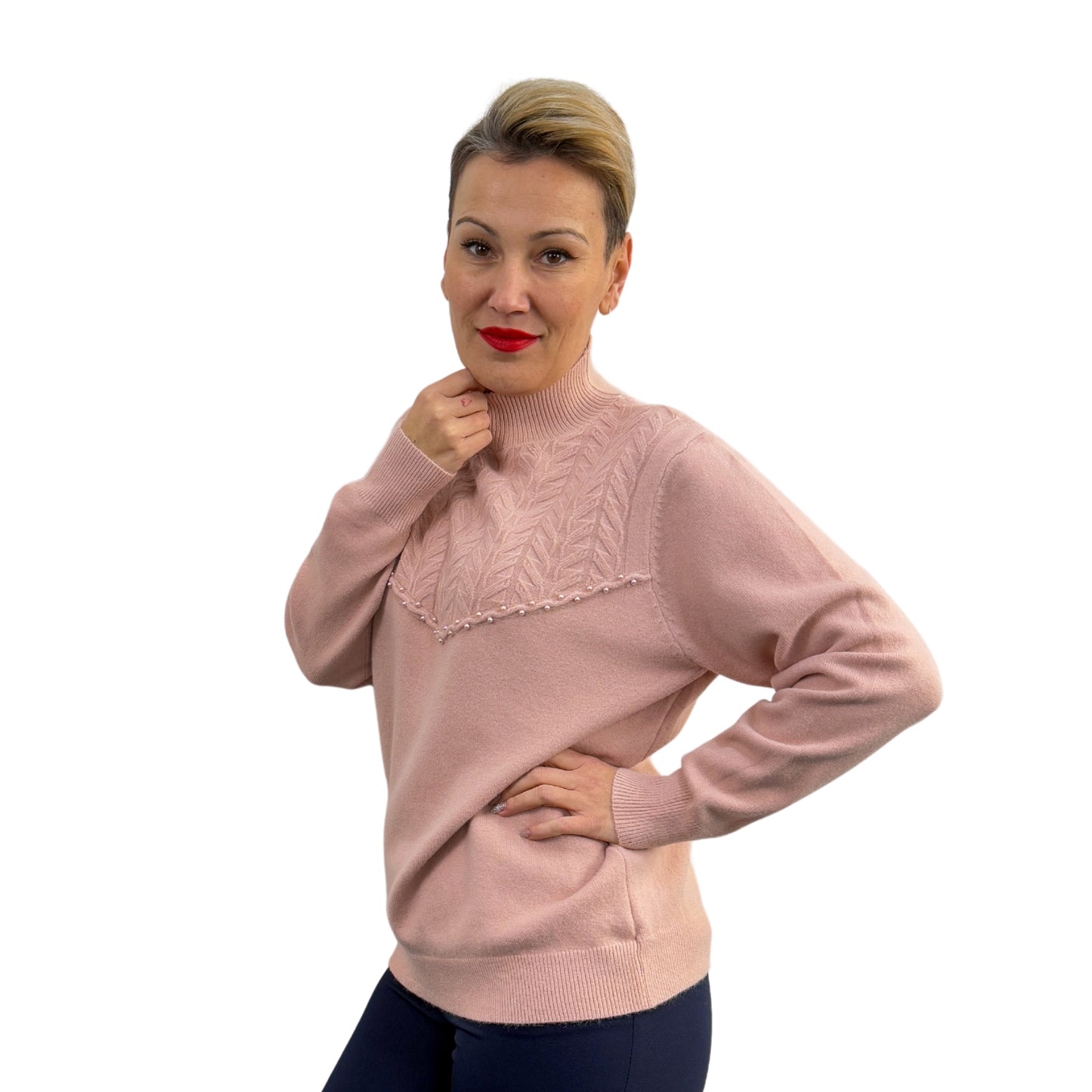 Bluză tricot roz pal cu perle aplicate semi-roll -k2