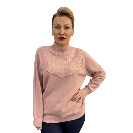 Bluză tricot roz pal cu perle aplicate semi-roll -k2