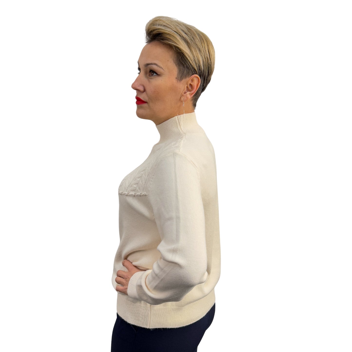 Bluză tricot albă cu perle semi-roll -k2
