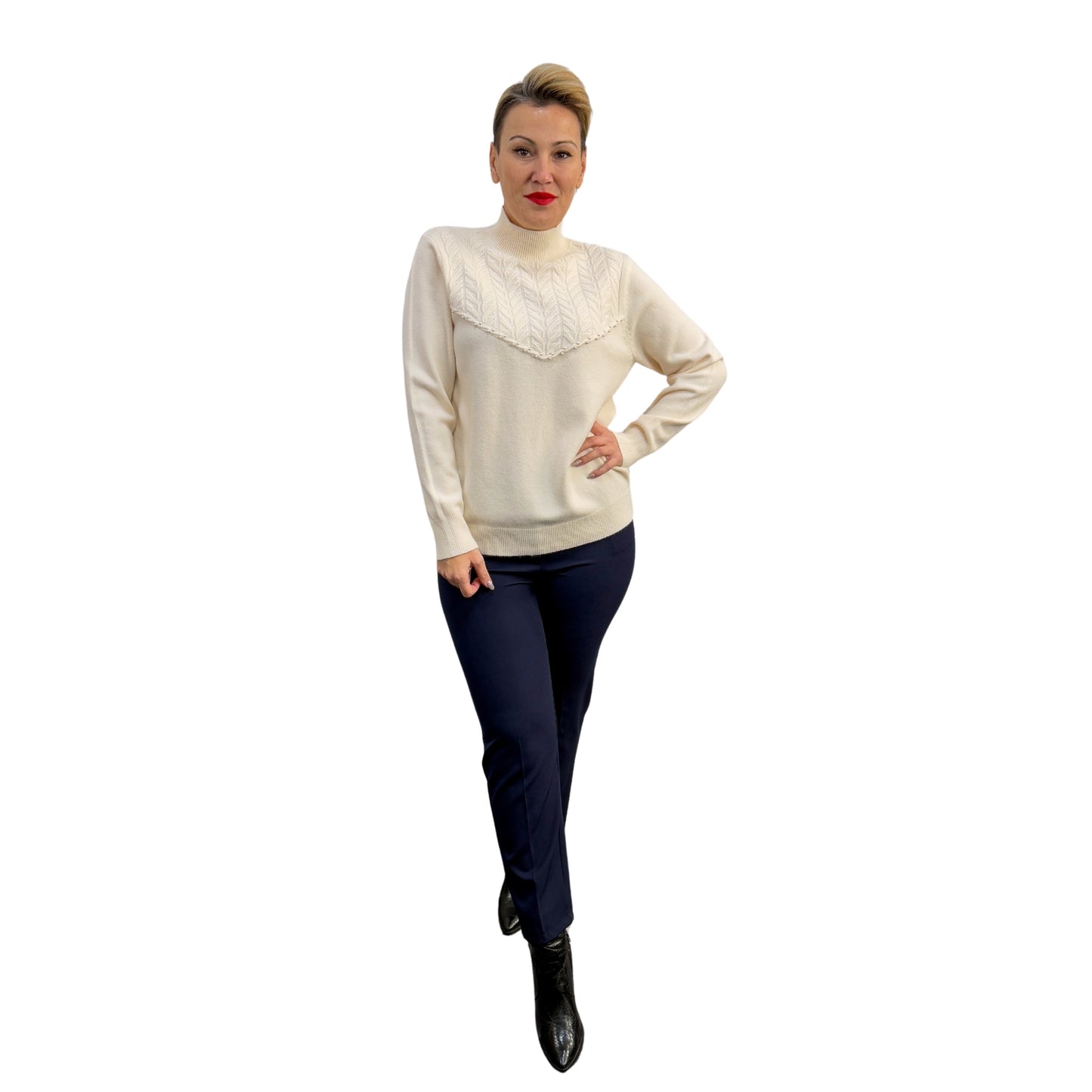 Bluză tricot albă cu perle semi-roll -k2