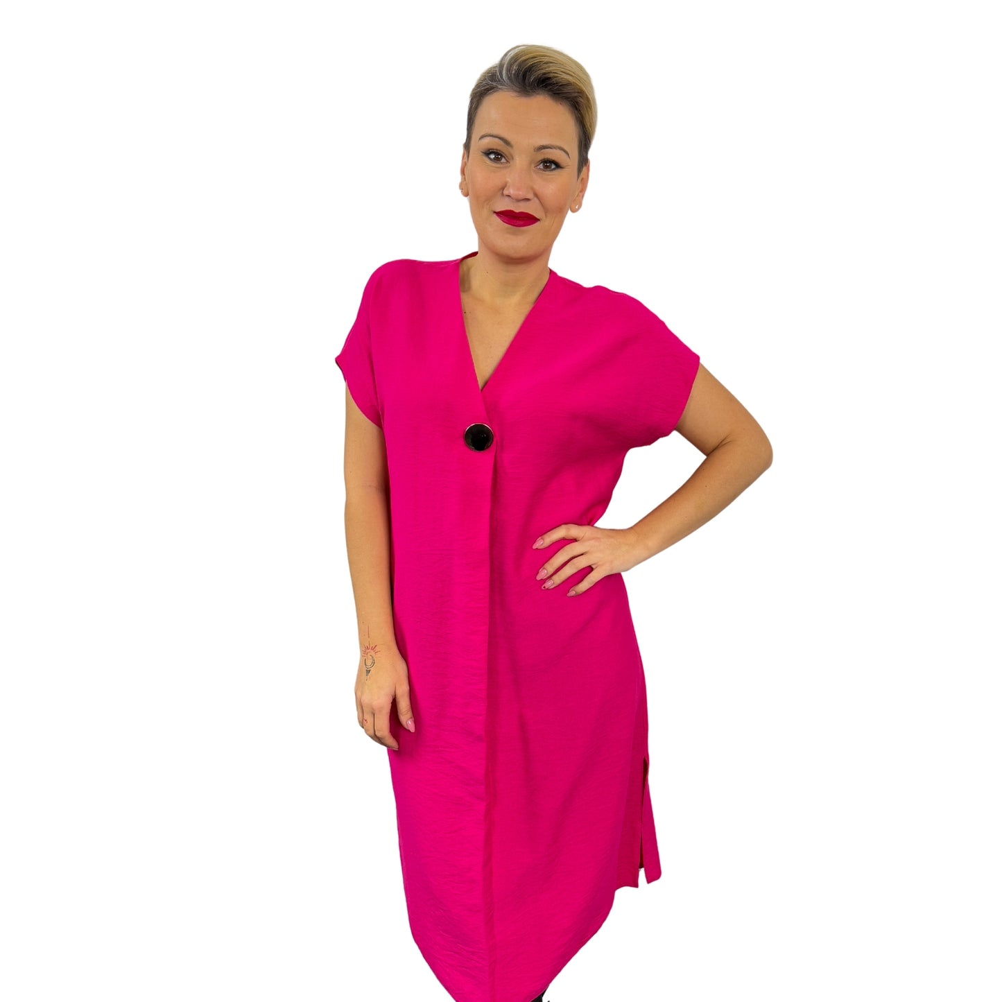 Rochie fucsia cu nasture auriu -k1