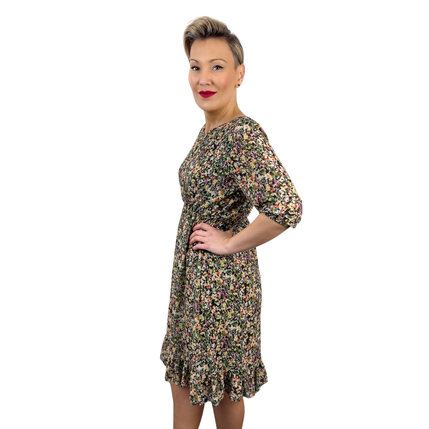 Rochie kaki scurtă cu imprimeu floral -k1