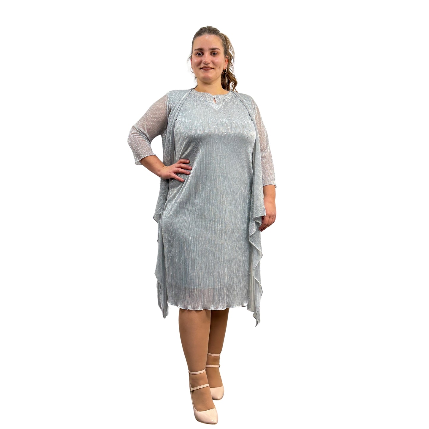 Rochie argintie cu blazer din voal - k1