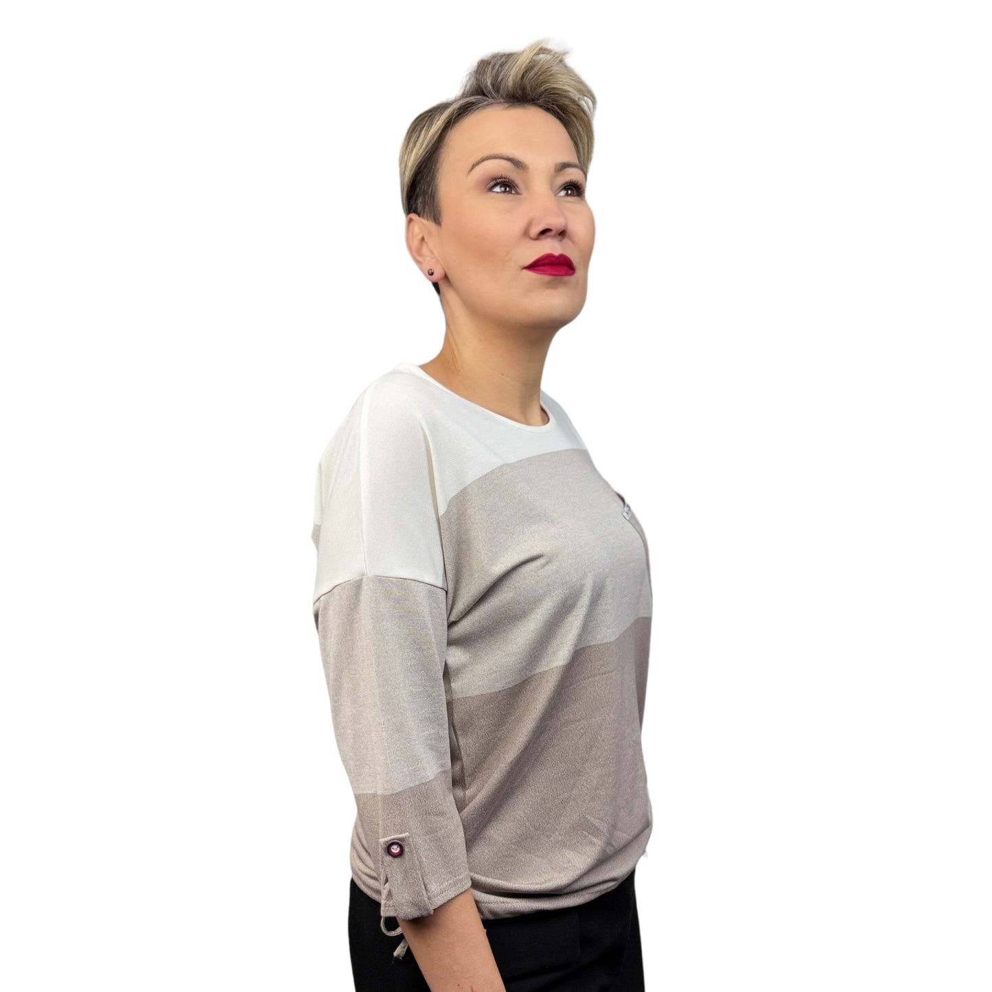 Bluză cu dungi alb cu bej- k1