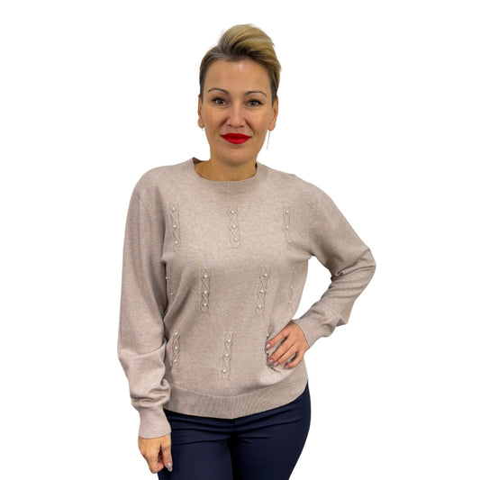 Bluză din tricot bej cu perle aplicate -k2