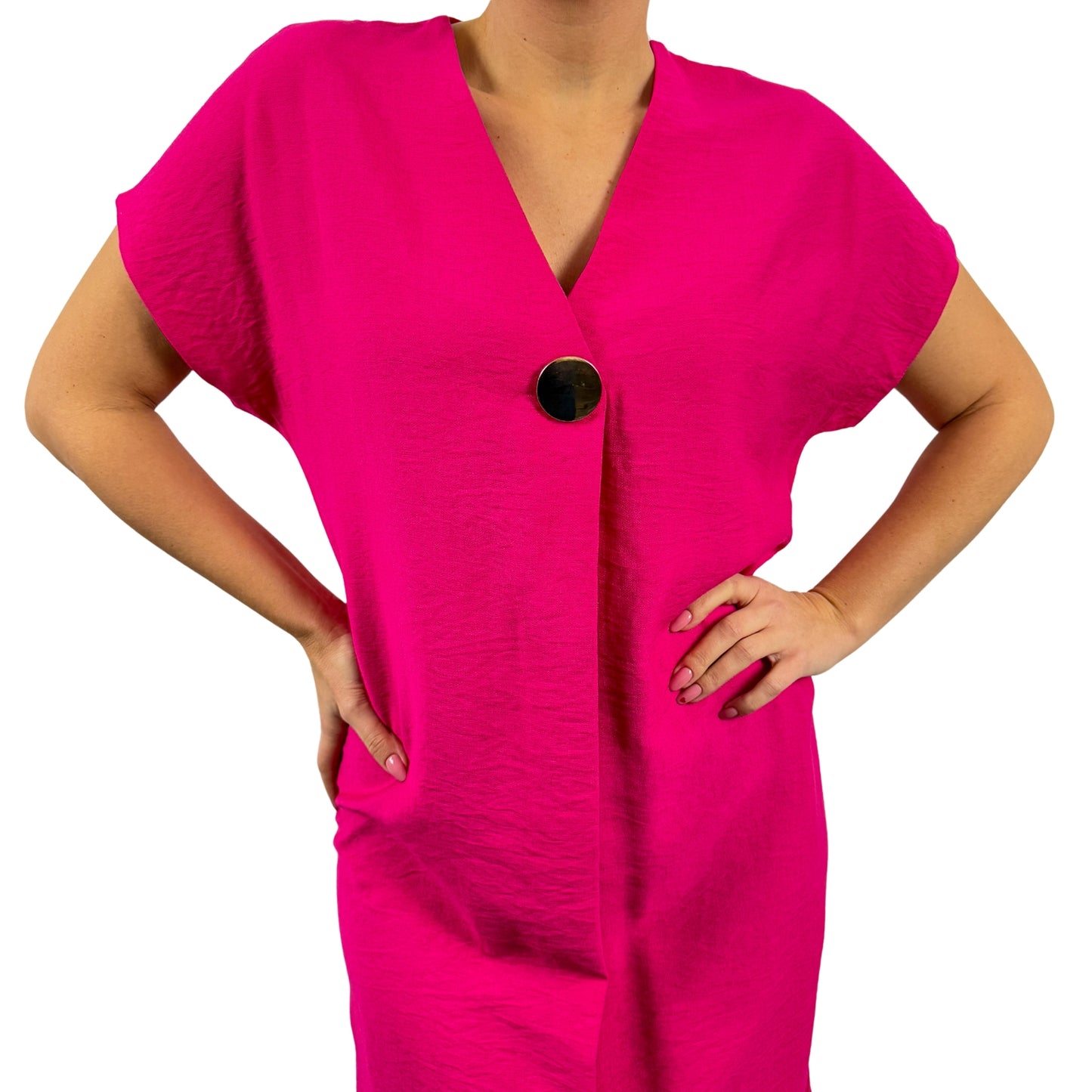 Rochie fucsia cu nasture auriu -k1