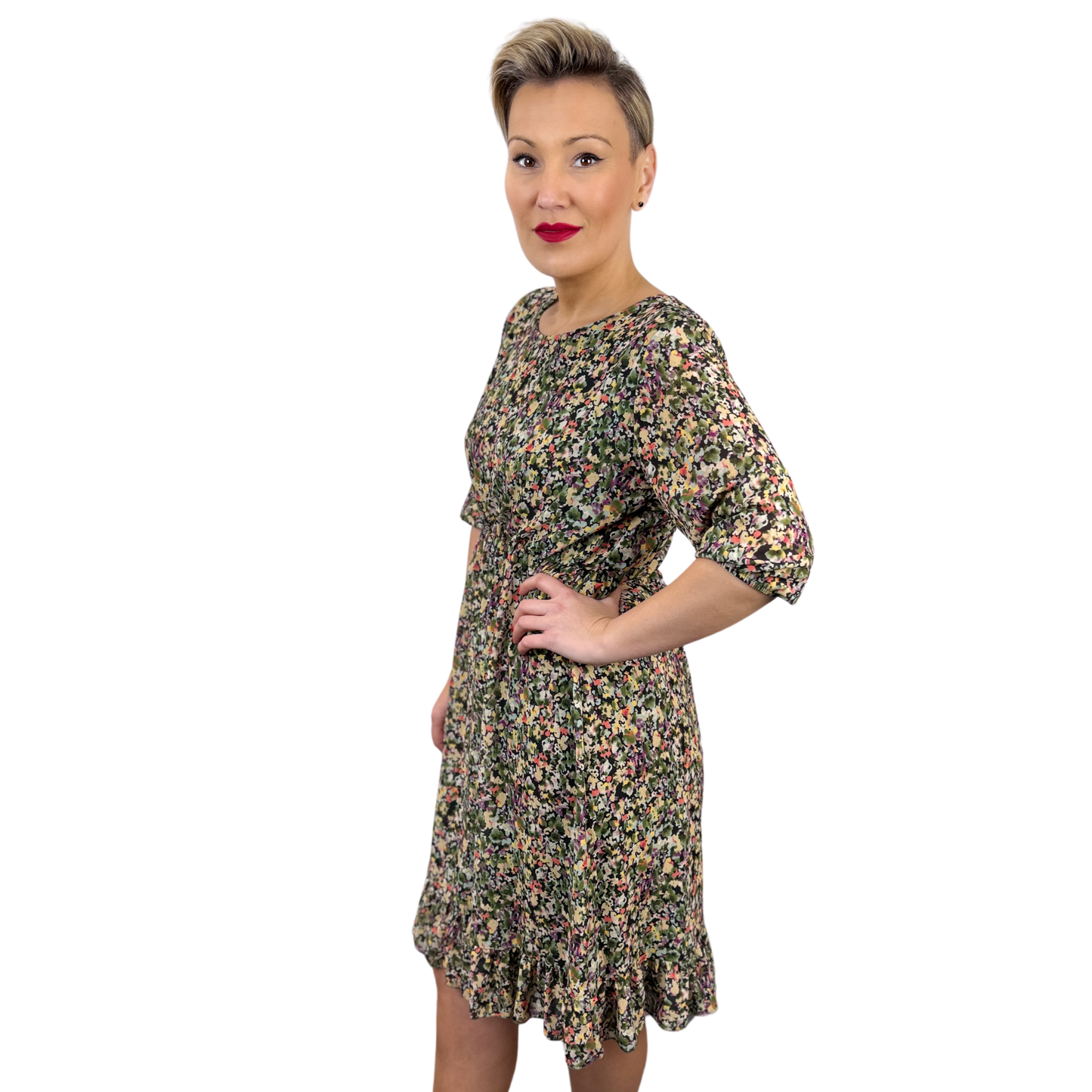 Rochie kaki scurtă cu imprimeu floral -k1