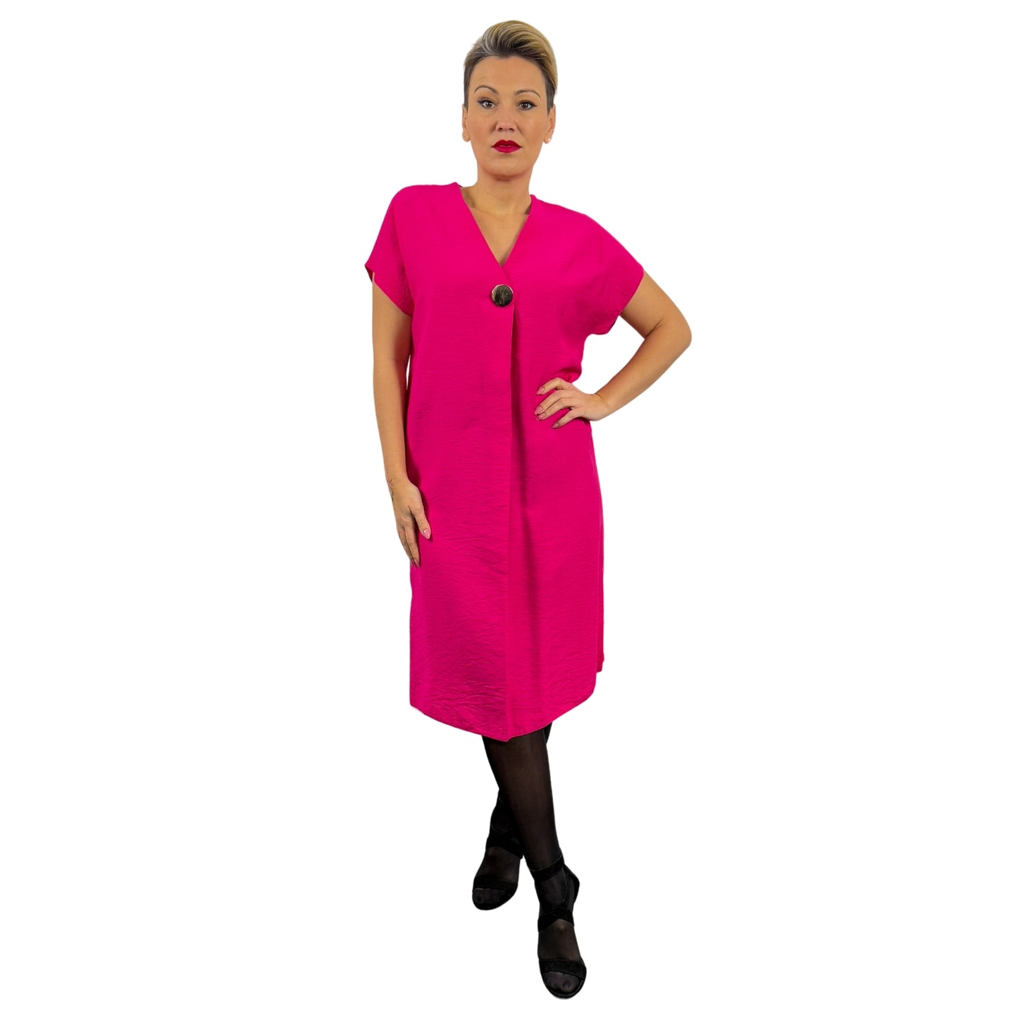 Rochie fucsia cu nasture auriu -k1