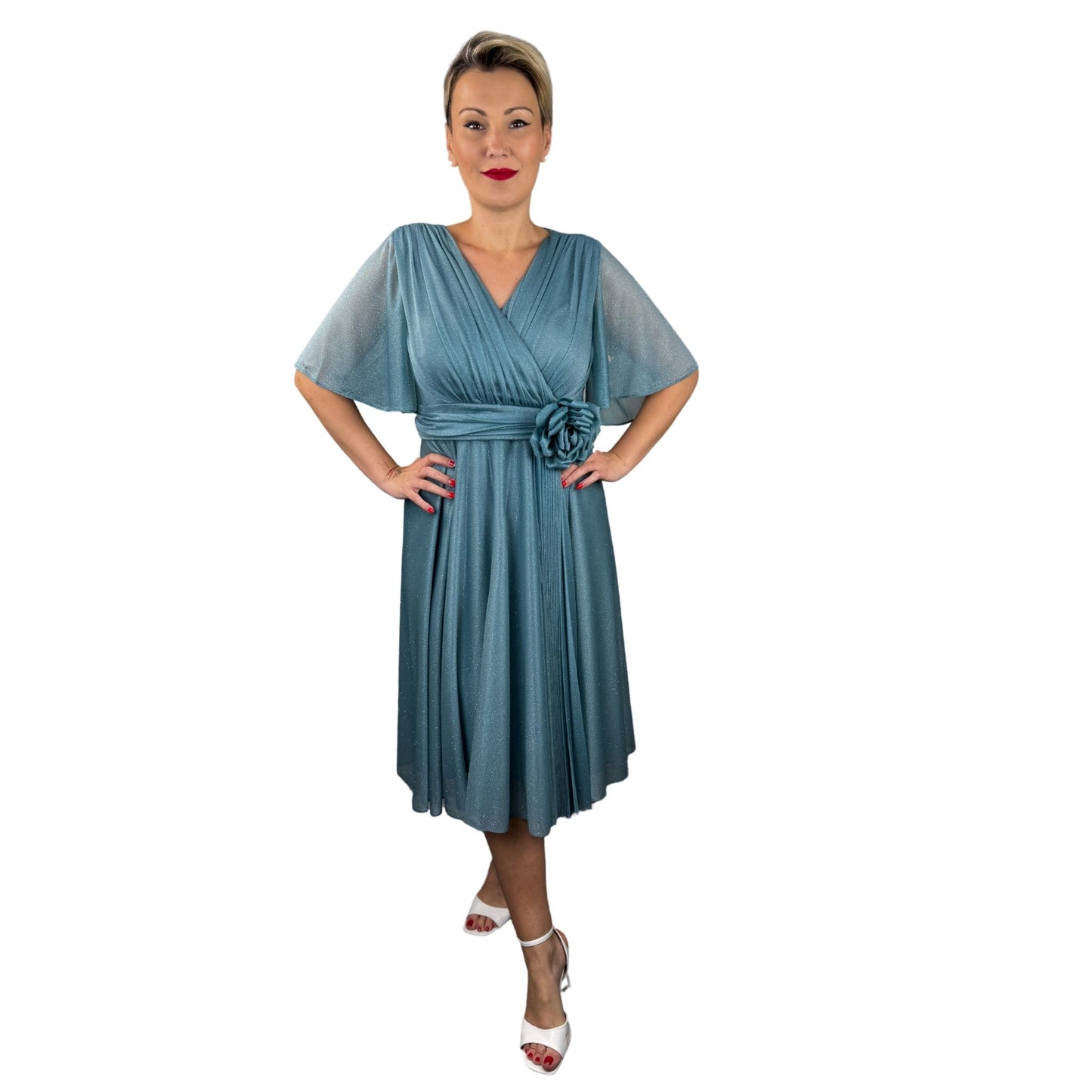 Rochie turcoaz cu floare -k1