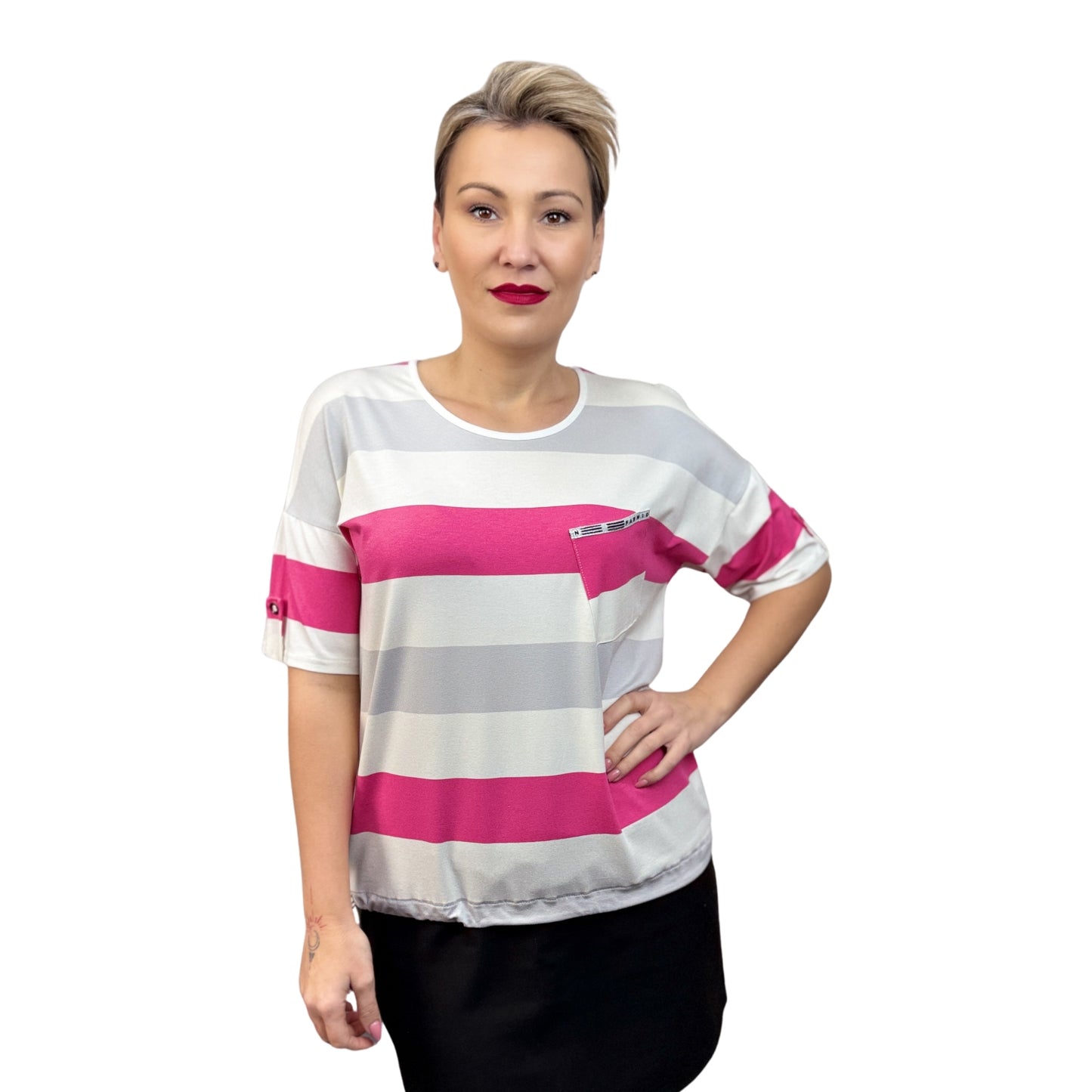 Bluză cu mânecă scurtă roz cu gri-k1