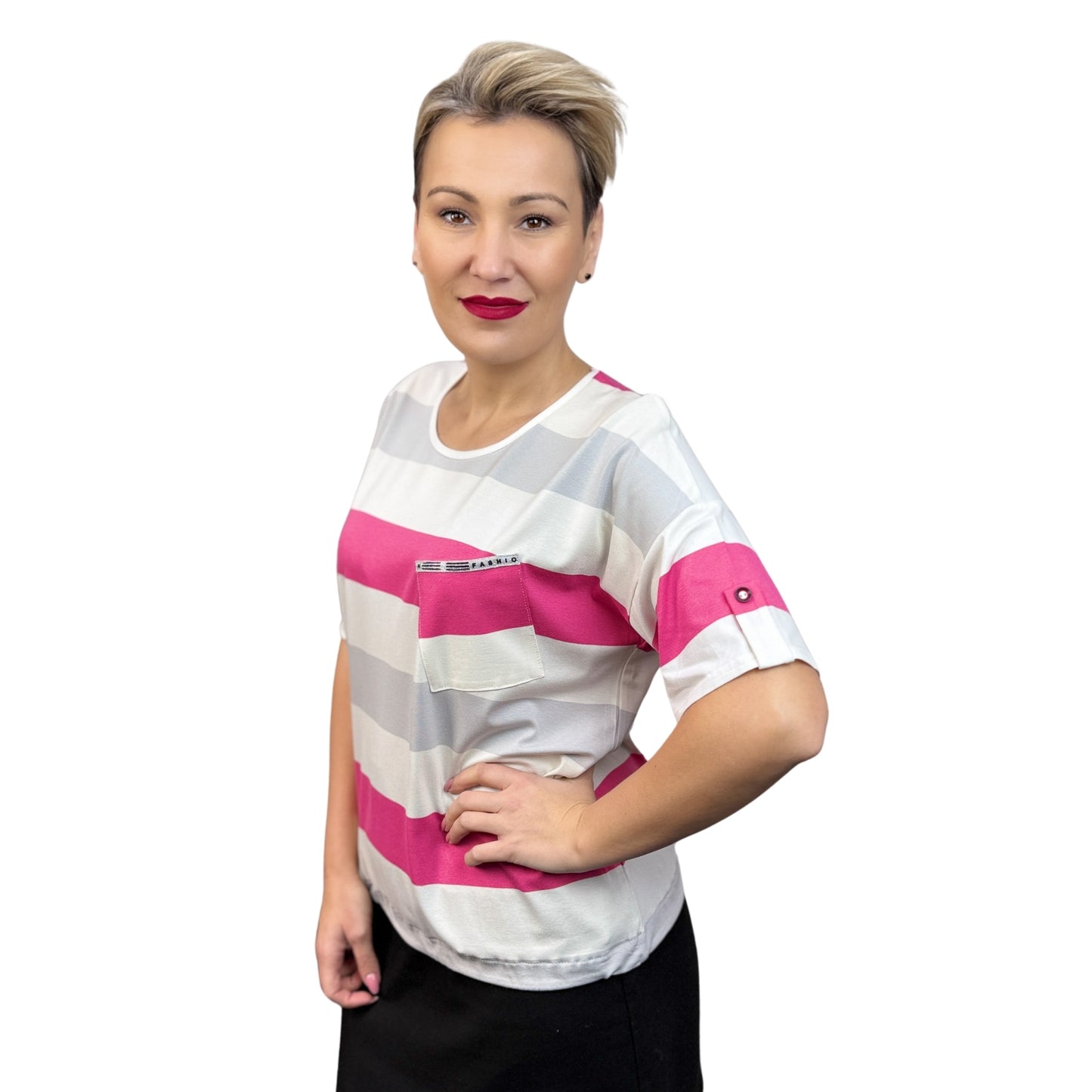 Bluză cu mânecă scurtă roz cu gri-k1