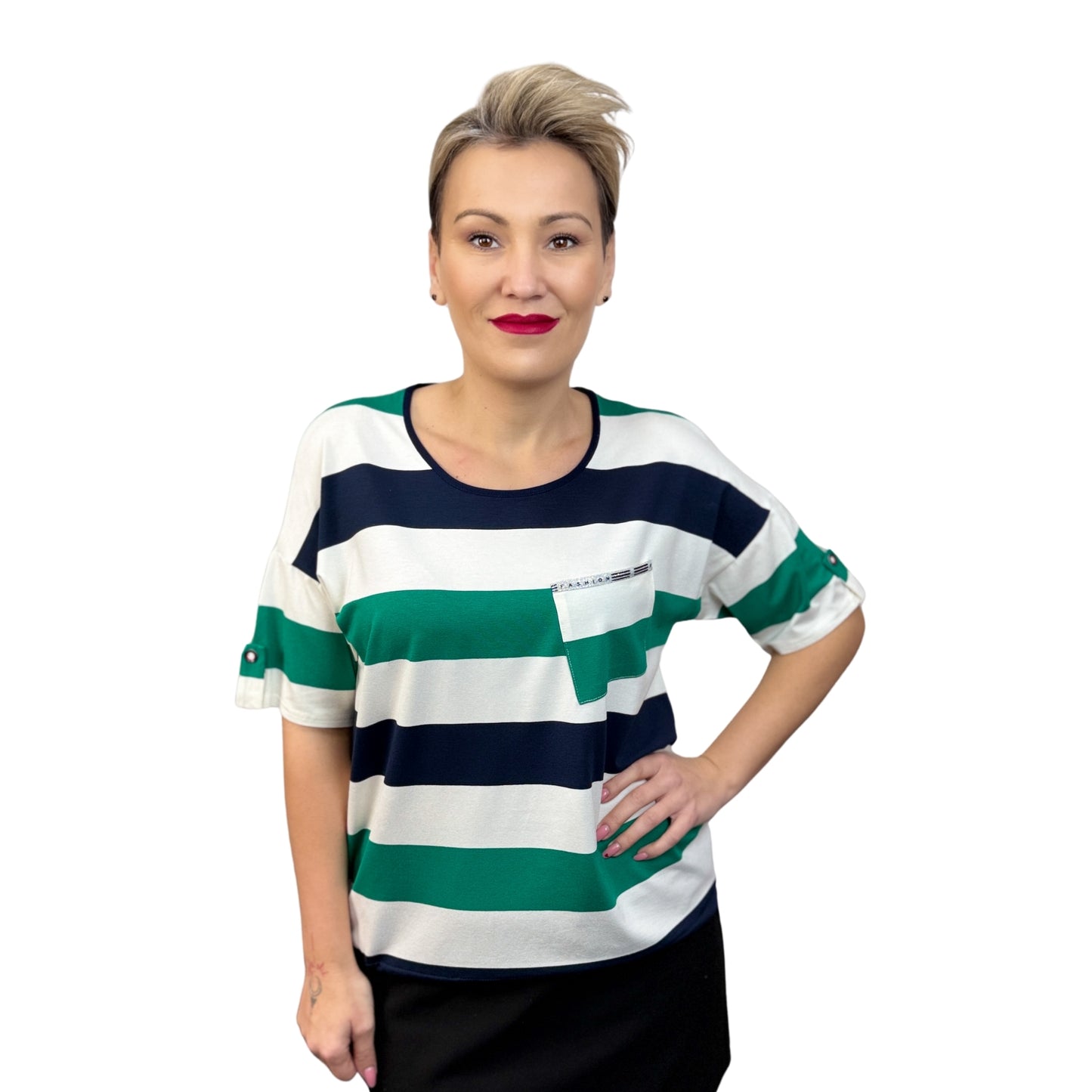 Bluză cu mânecă scurtă alb și verde -k1