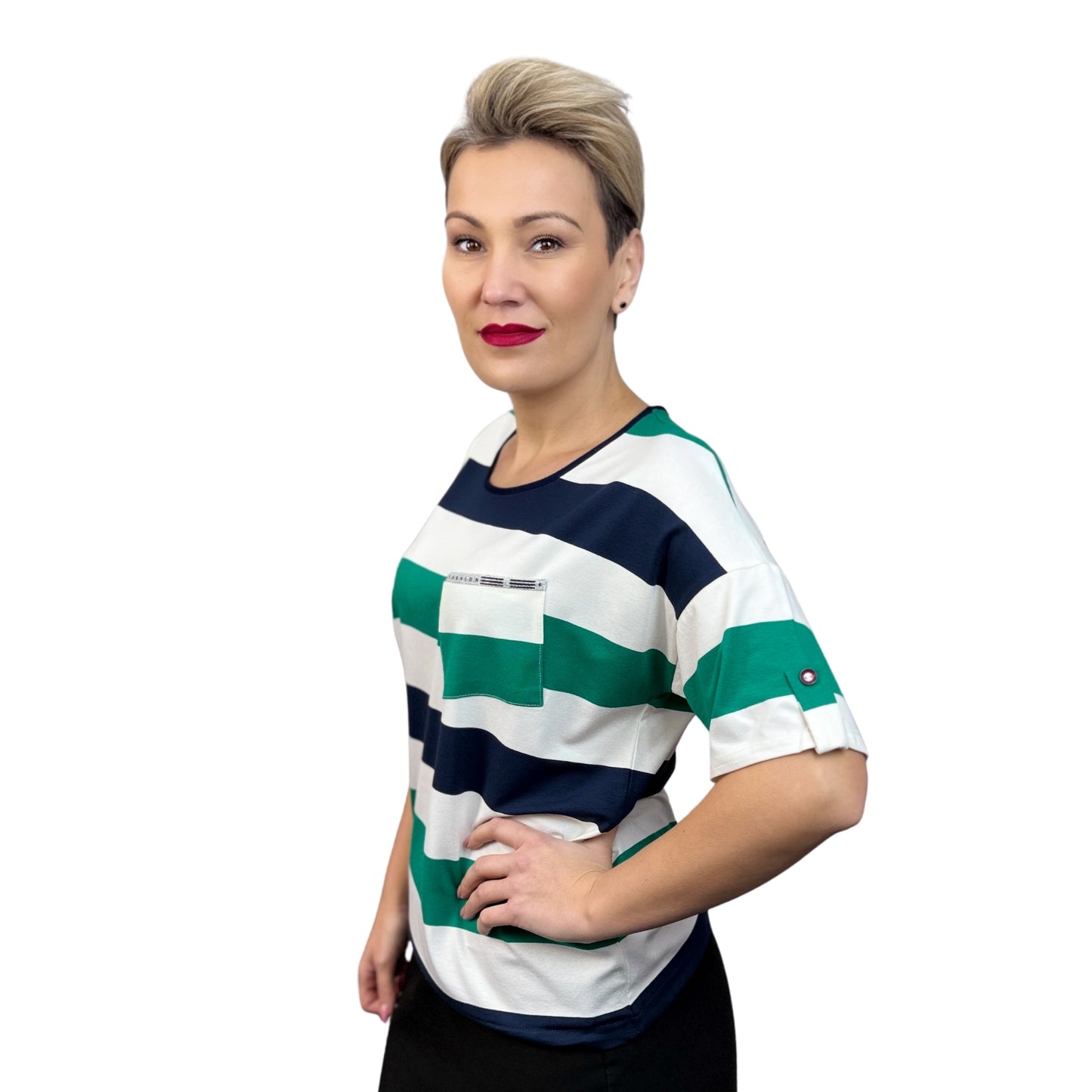 Bluză cu mânecă scurtă alb și verde -k1