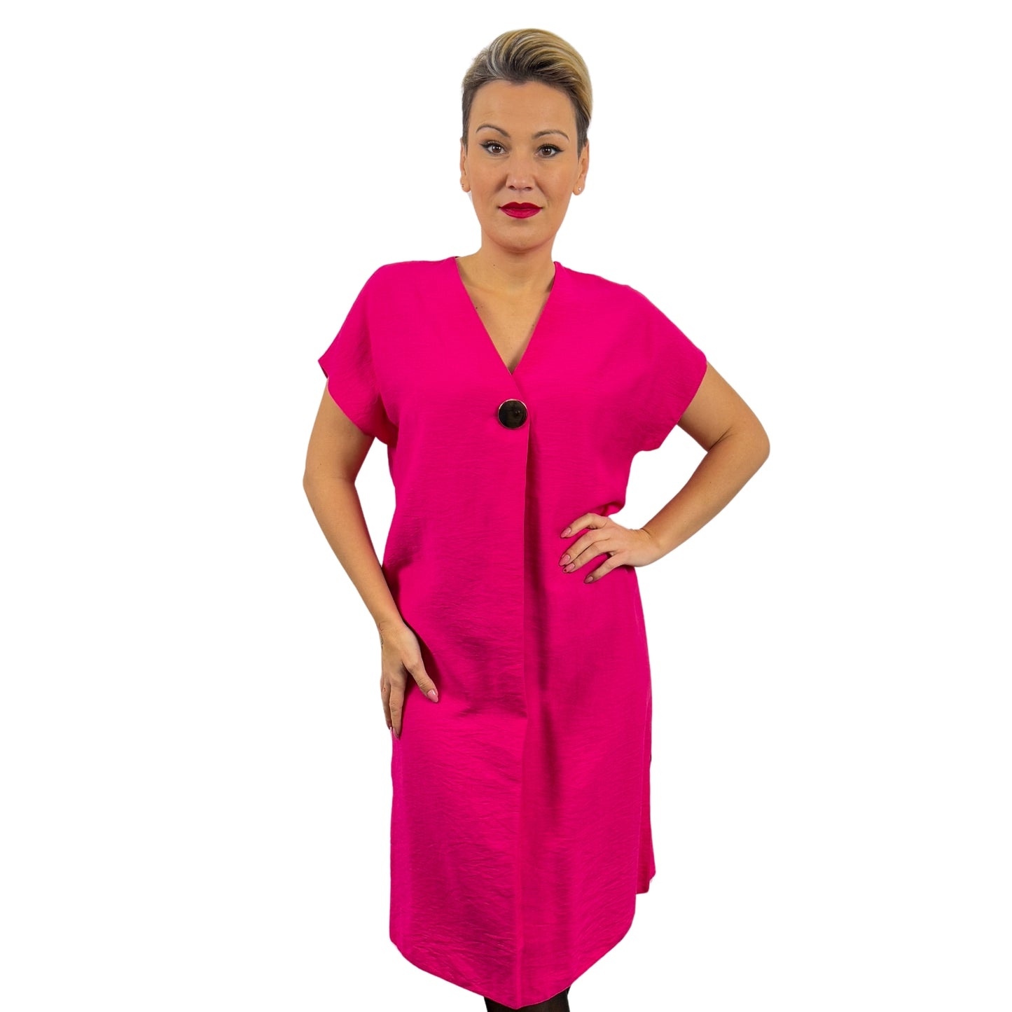 Rochie fucsia cu nasture auriu -k1