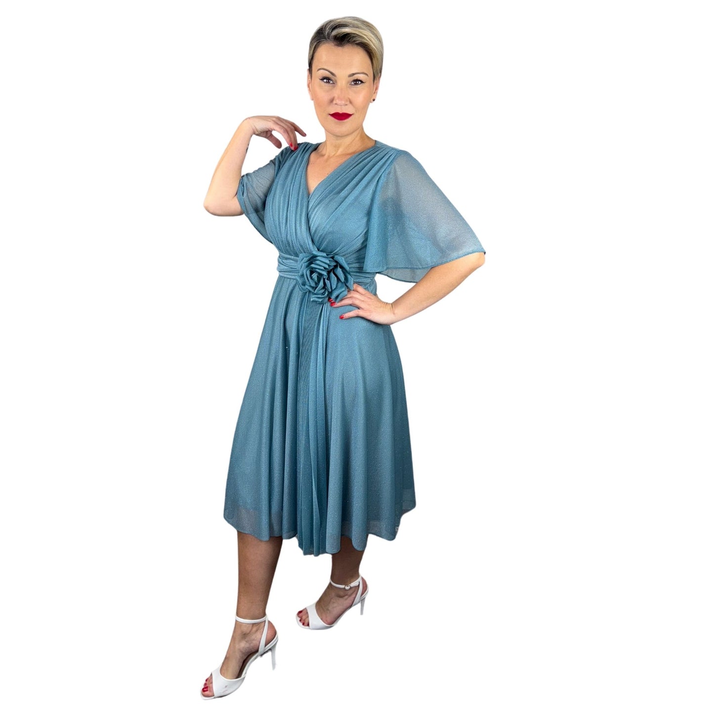 Rochie turcoaz cu floare -k1