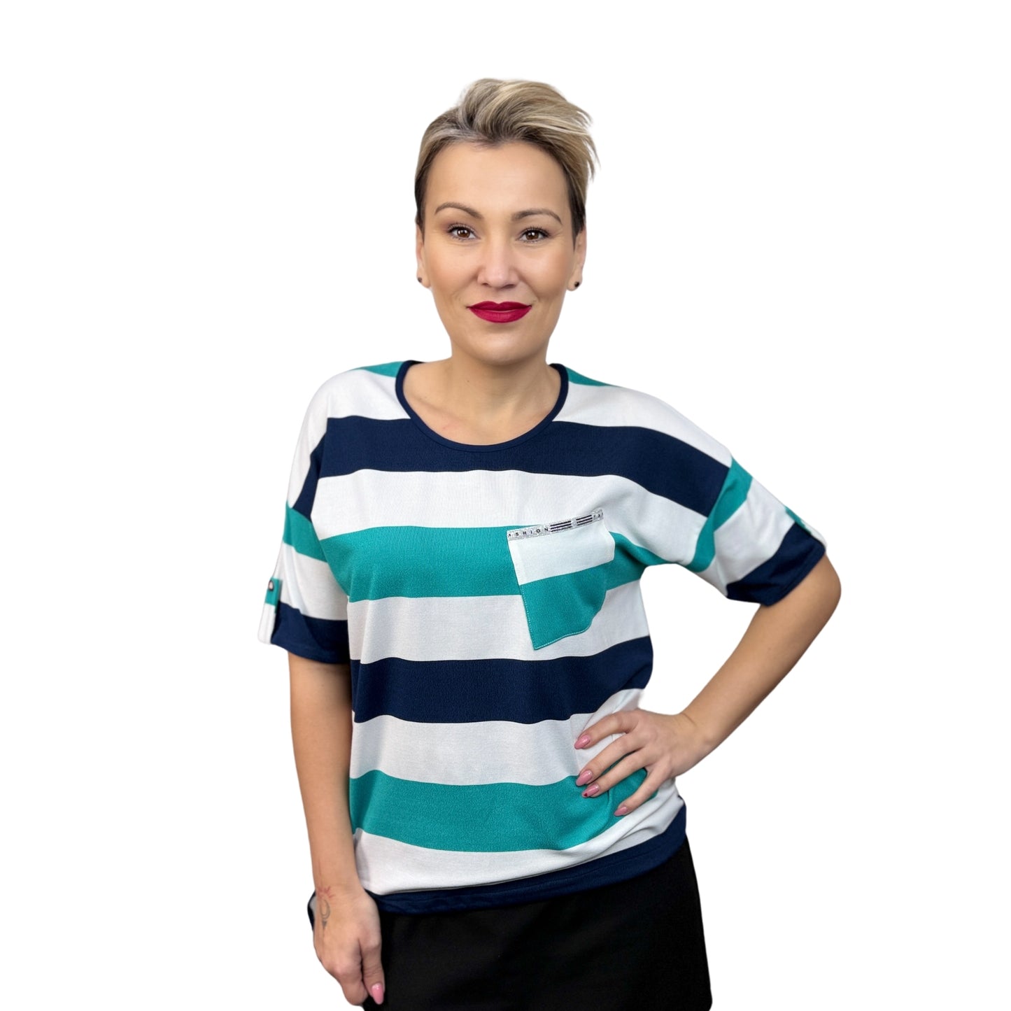 Bluză cu mânecă scurtă verde și bleumarin -k1