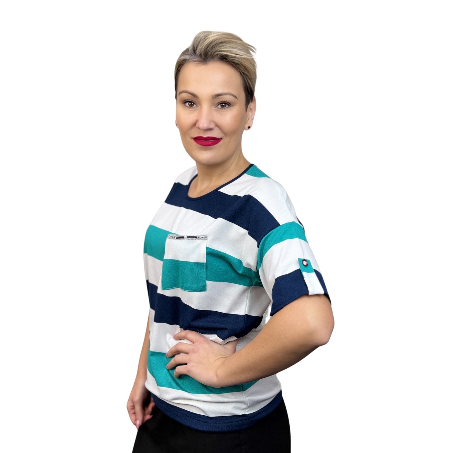Bluză cu mânecă scurtă verde și bleumarin -k1
