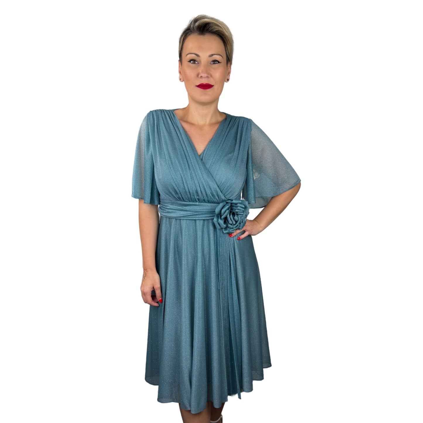 Rochie turcoaz cu floare -k1