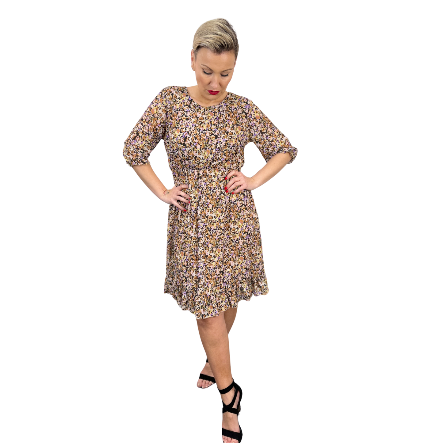 Rochie bej scurtă cu imprimeu floral -k1