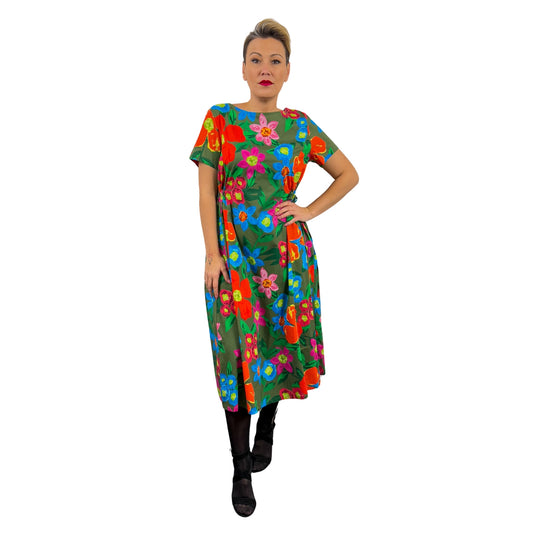 Rochie kaki cu flori portocalii fără mâneci -k1