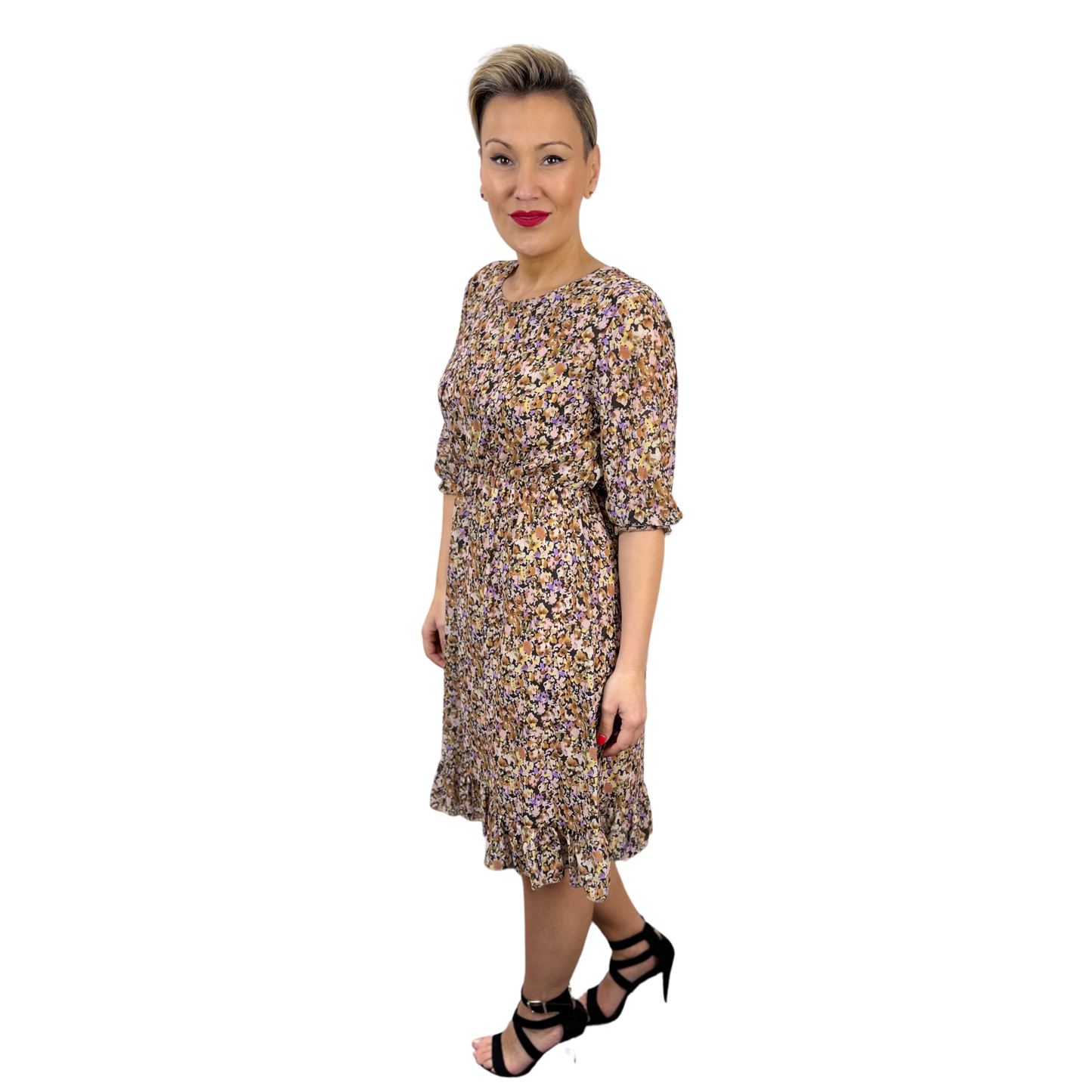 Rochie bej scurtă cu imprimeu floral -k1
