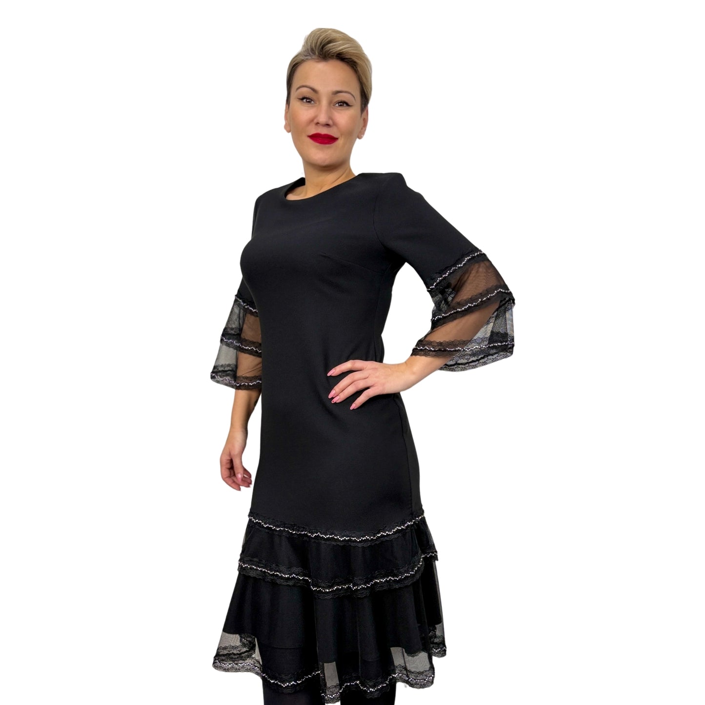 Rochie neagră midi cu pietricele -k1