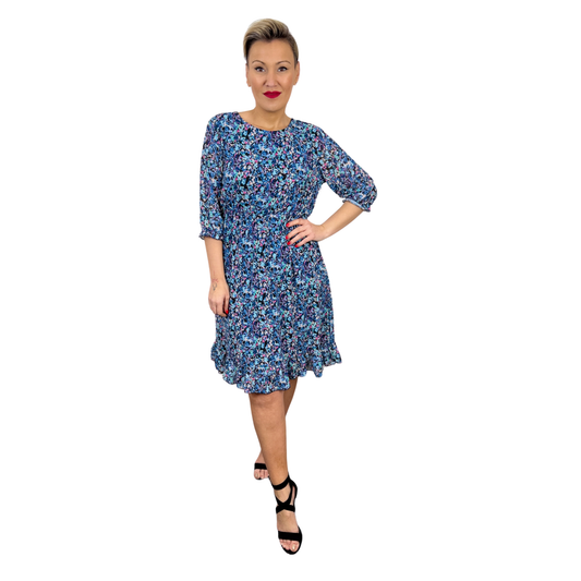 Rochie albastră scurtă cu imprimeu floral-k1