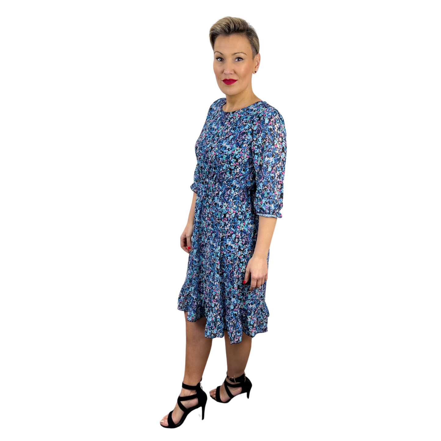 Rochie albastră scurtă cu imprimeu floral-k1