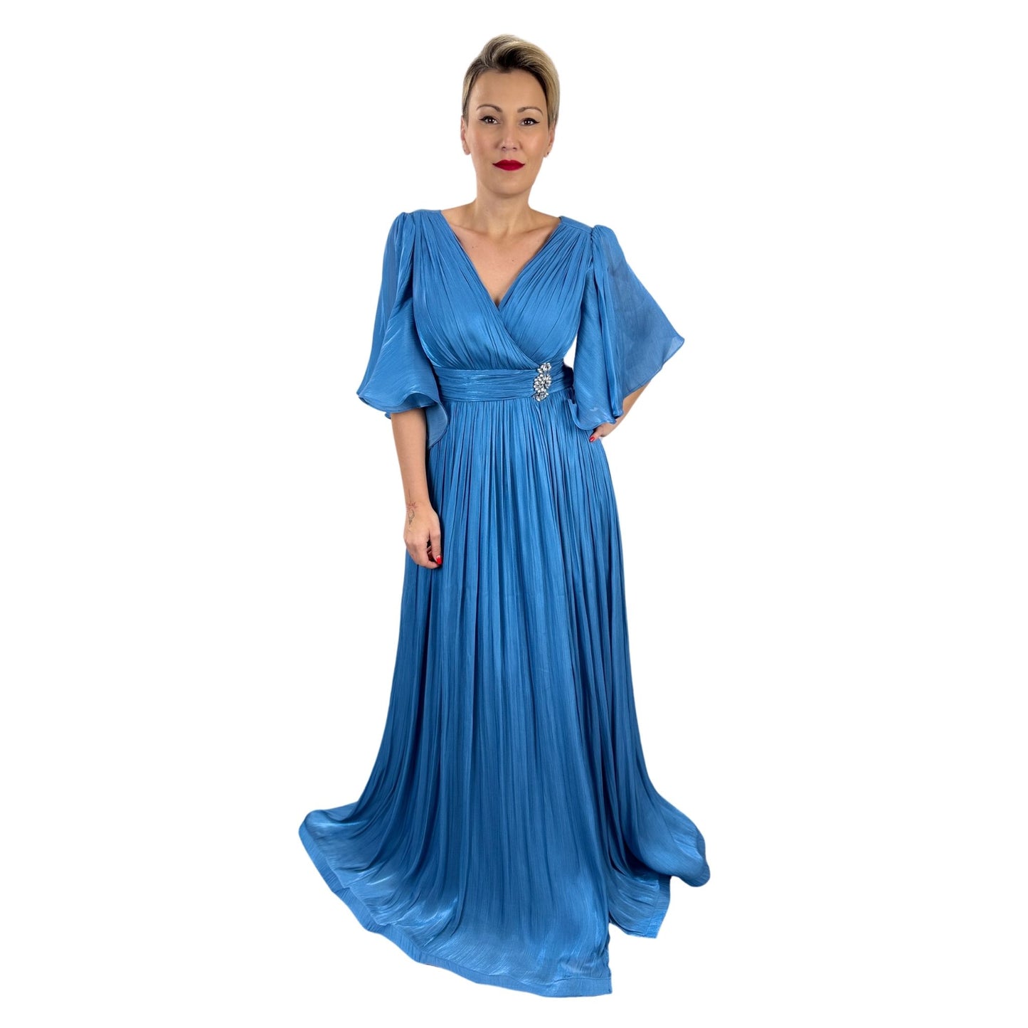 Rochie lungă albastră de șifon irizat -k1