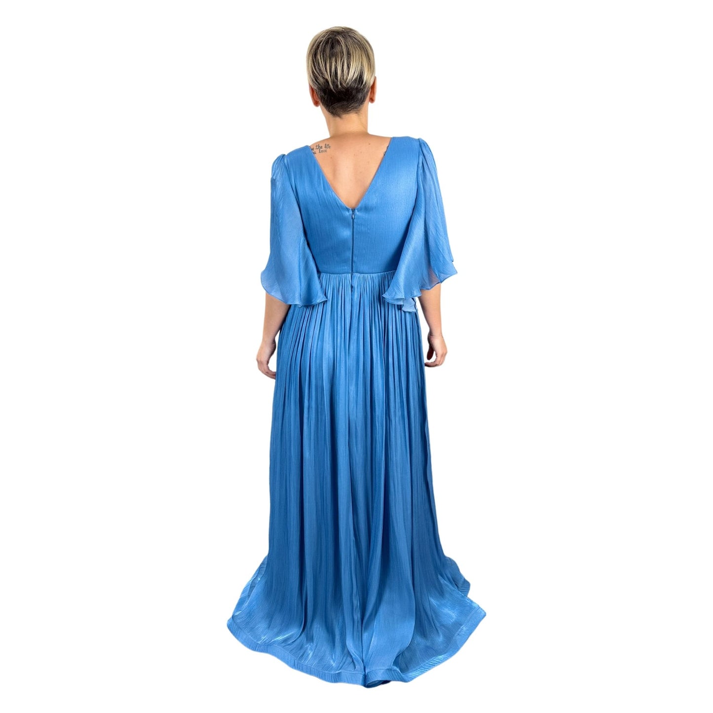 Rochie lungă albastră de șifon irizat -k1