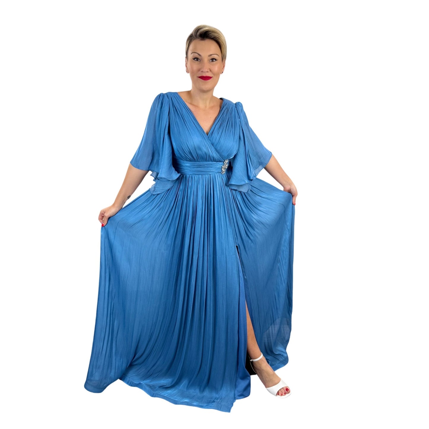 Rochie lungă albastră de șifon irizat -k1