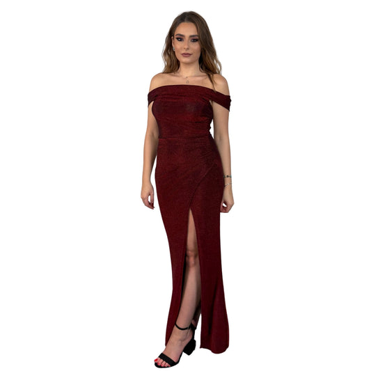 Rochie vișinie lungă cu umerii goi -k1
