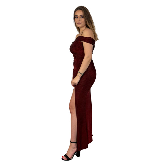 Rochie vișinie lungă cu umerii goi -k1