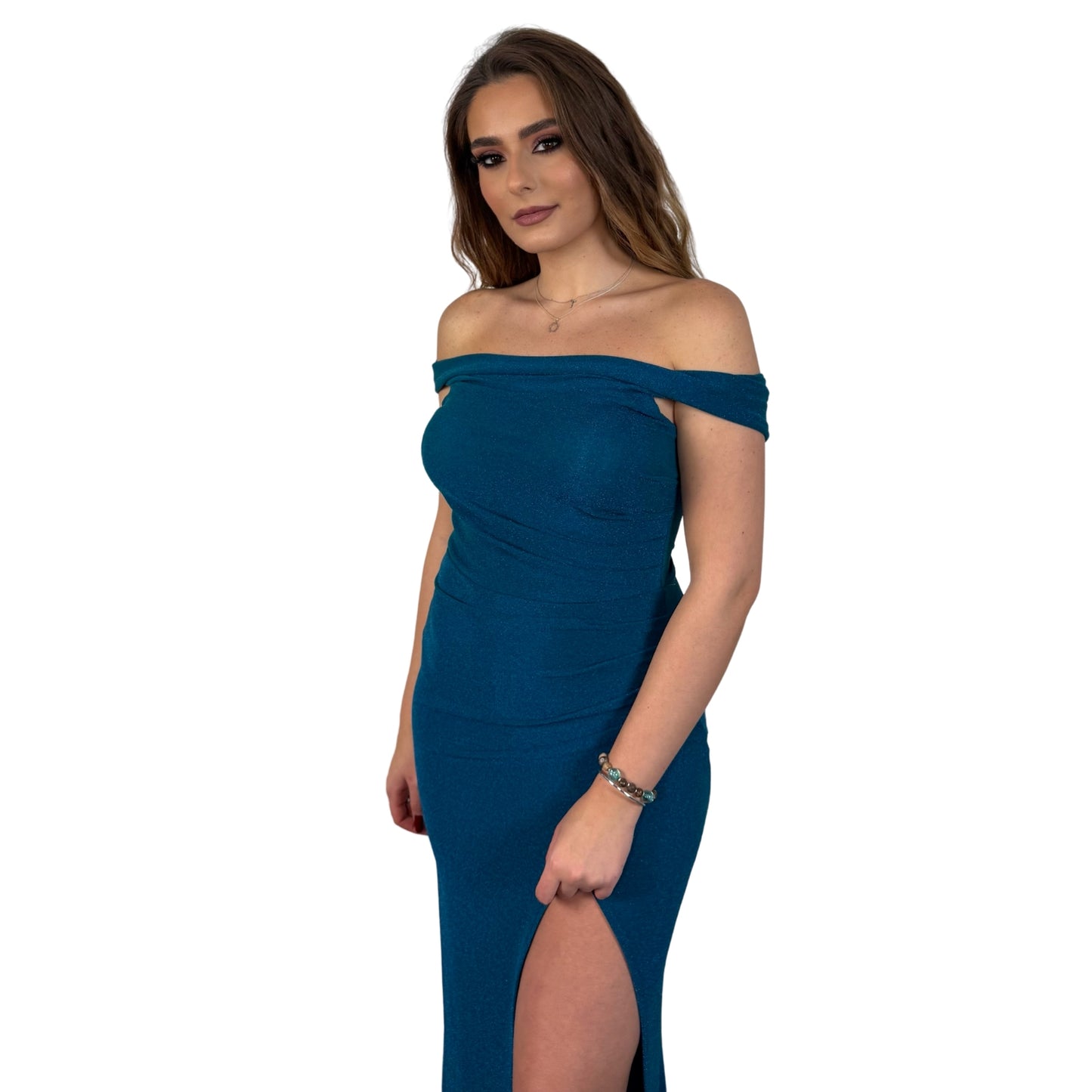 Rochie turoaz lungă cu umerii goi -k1