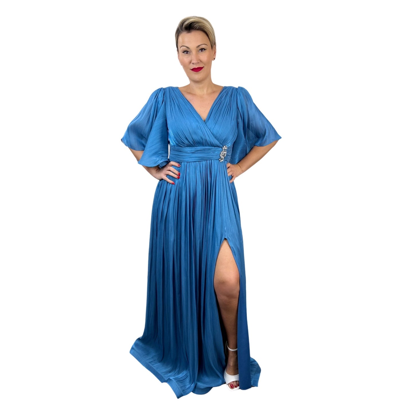 Rochie lungă albastră de șifon irizat -k1