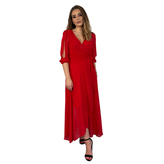 Rochie roșie lungă din voal. -k1