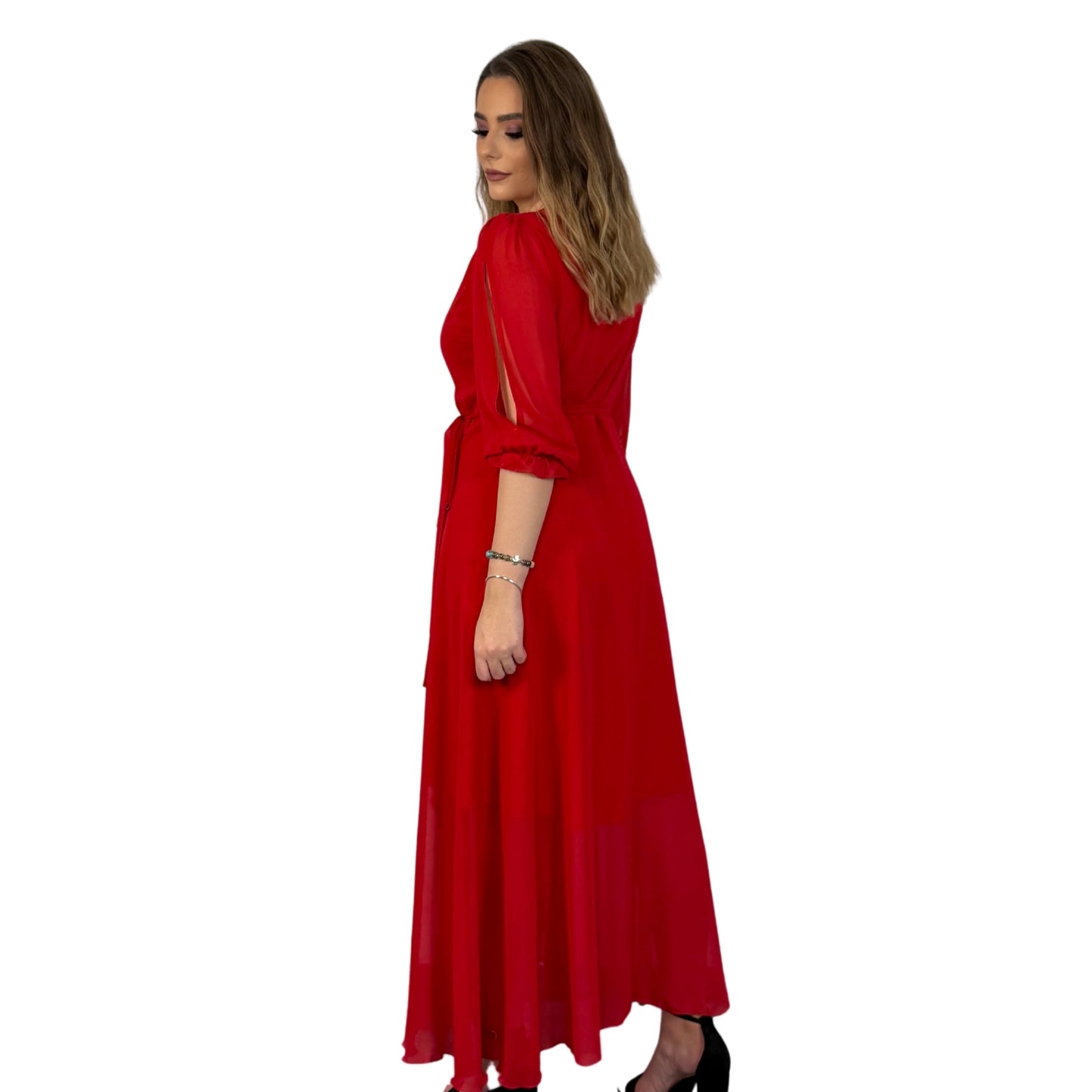Rochie roșie lungă din voal. -k1