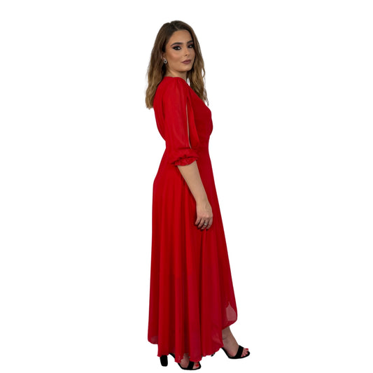 Rochie roșie lungă din voal. -k1