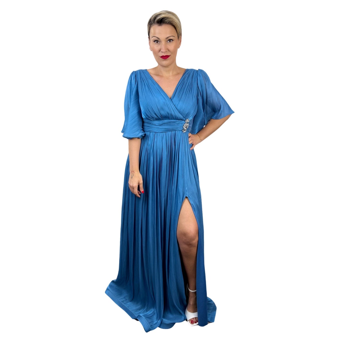 Rochie lungă albastră de șifon irizat -k1