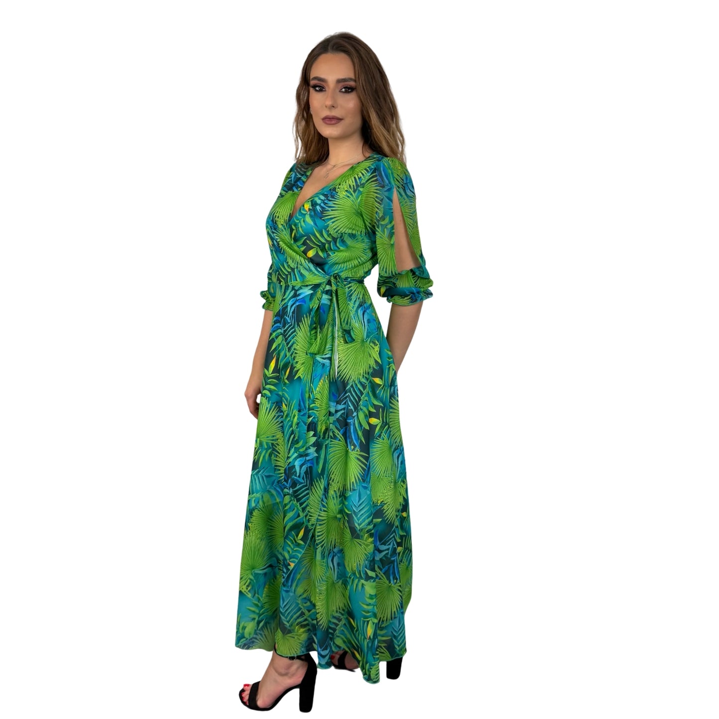 Rochie verde lungă din voal -k1