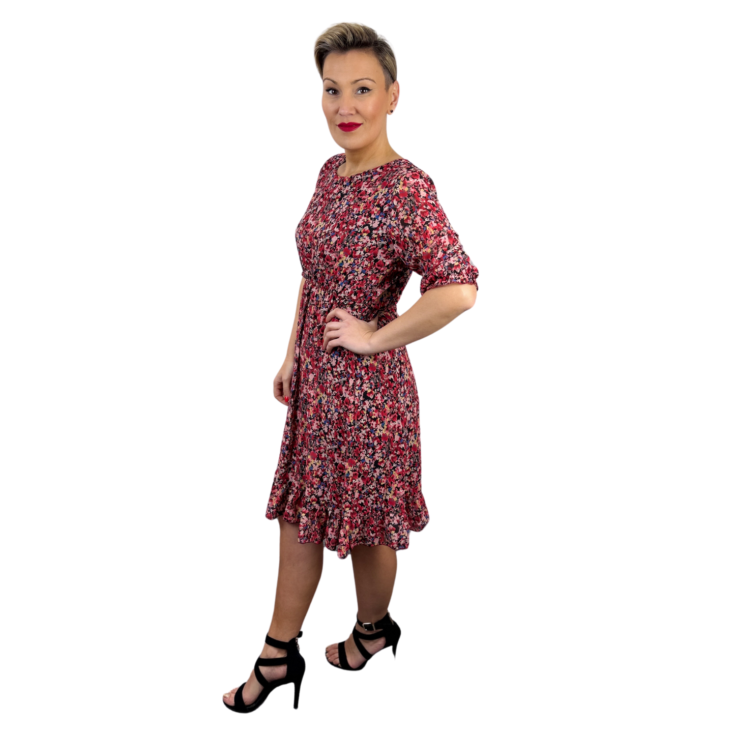 Rochie roșie scurtă cu imprimeu floral -k1