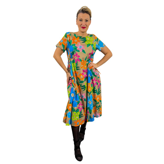 Rochie bej cu flori albastre -k1