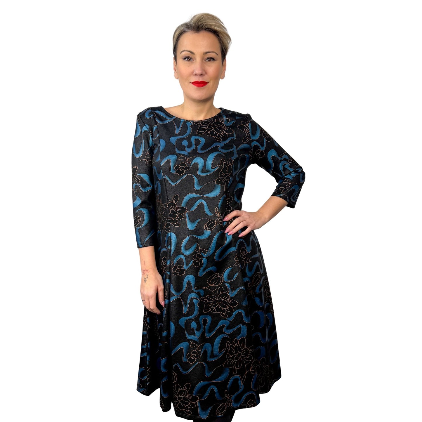 Rochie în 4 clini cu imprimeu albastru -k1