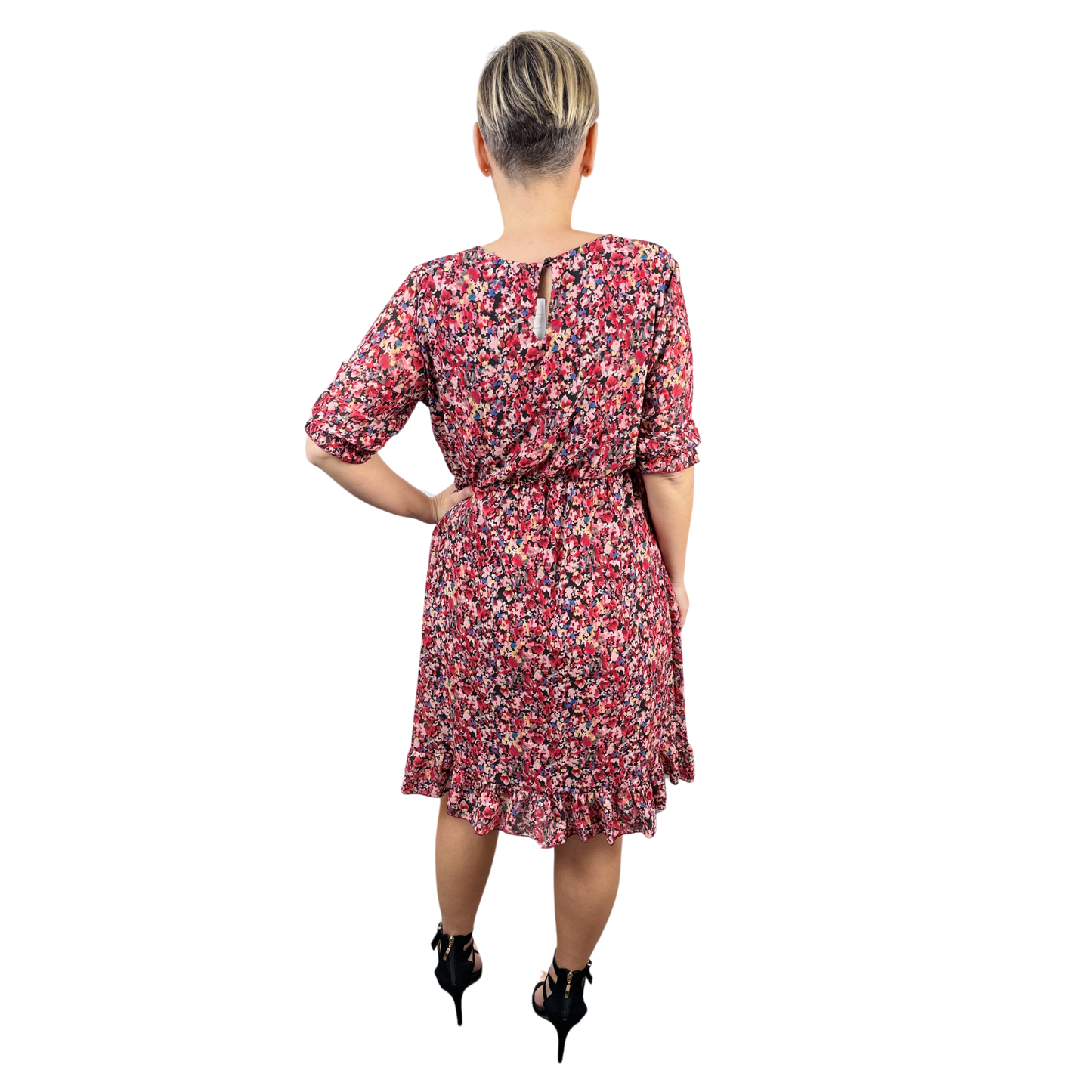 Rochie roșie scurtă cu imprimeu floral -k1