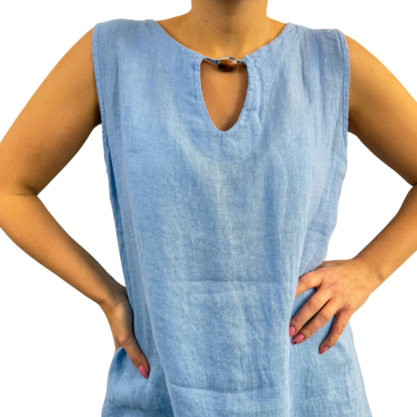 Rochie albastră de in cu mărgea -k1